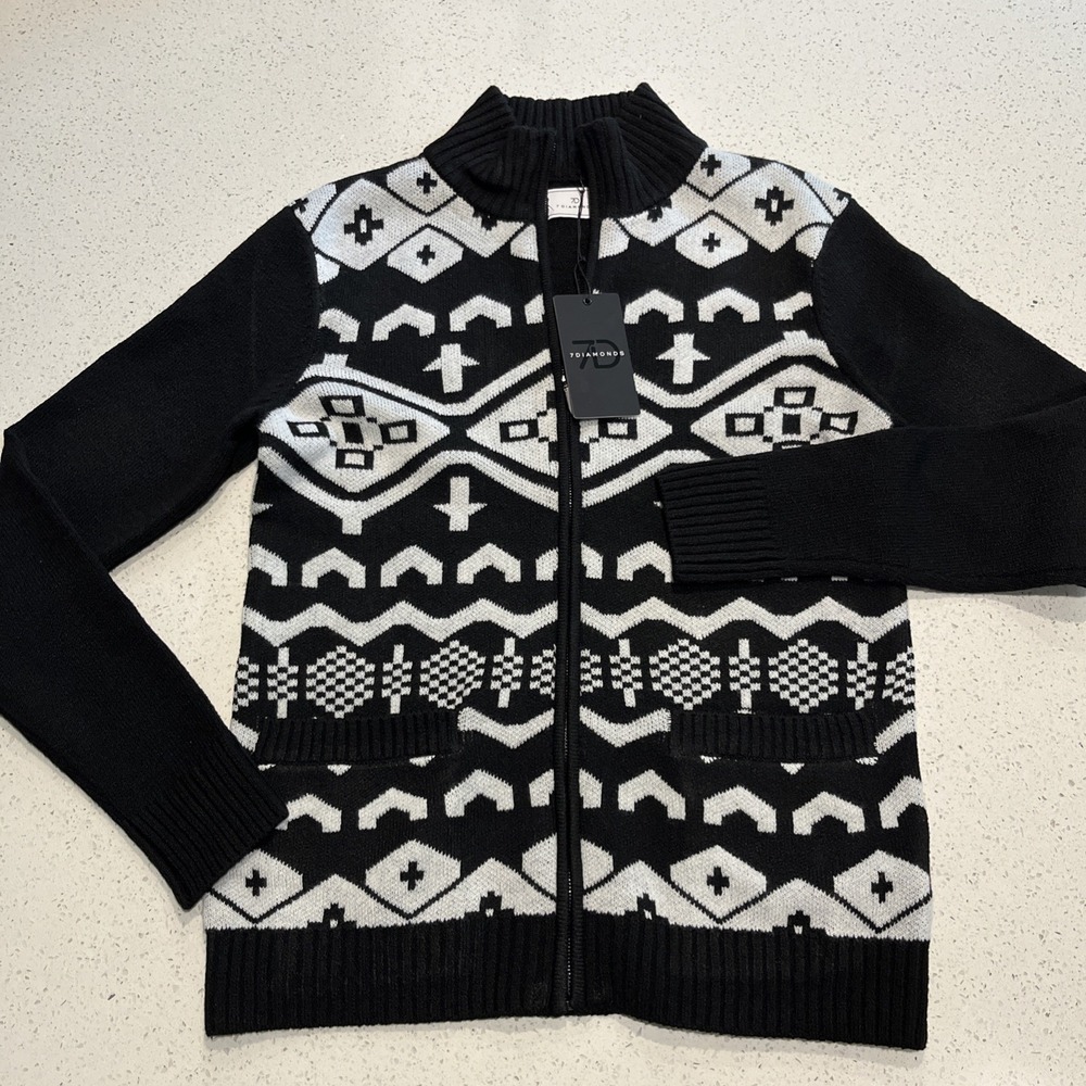 7 Diamonds Telluride Sweater Mens Black‎ White Full Zip Cardigan, Medium NWT